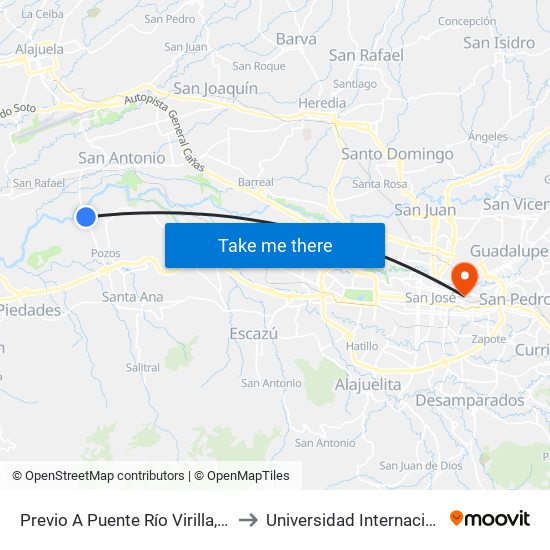 Previo A Puente Río Virilla, Radial Lindora Santa Ana to Universidad Internacional De Las Américas map