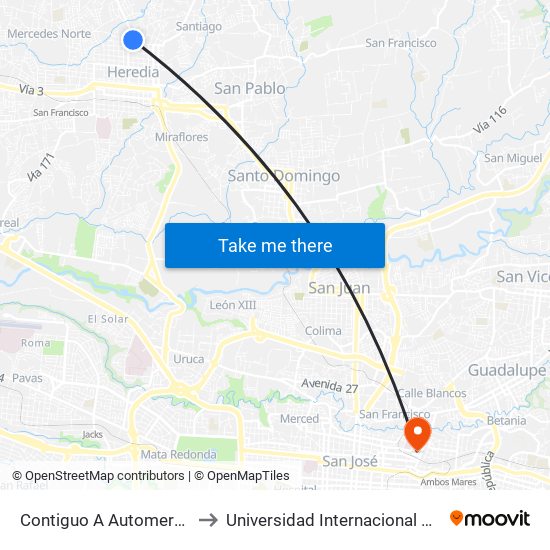 Contiguo A Automercado Heredia to Universidad Internacional De Las Américas map