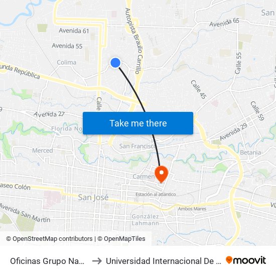 Oficinas Grupo Nación, Tibás to Universidad Internacional De Las Américas map