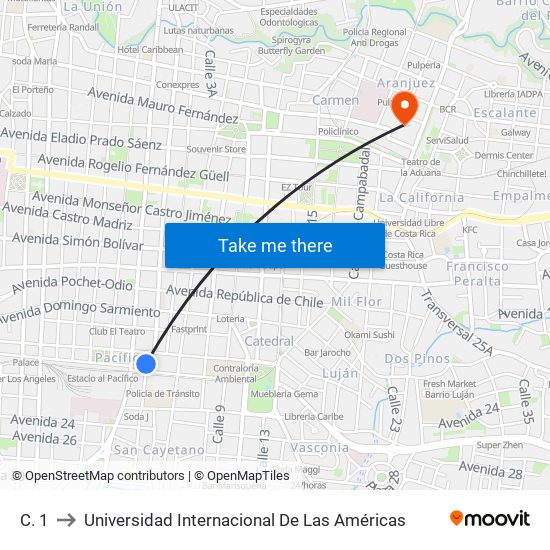 C. 1 to Universidad Internacional De Las Américas map