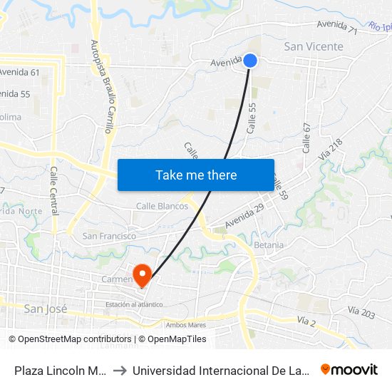 Plaza Lincoln Moravia to Universidad Internacional De Las Américas map