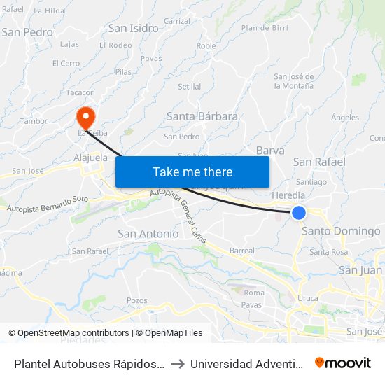 Plantel Autobuses Rápidos Heredianos, Pirro Heredia to Universidad Adventista De Centroamérica map