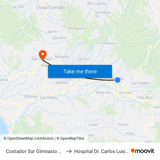 Costador Sur Gimnasio Liceo De Heredia to Hospital Dr. Carlos Luis Valverde Vega map