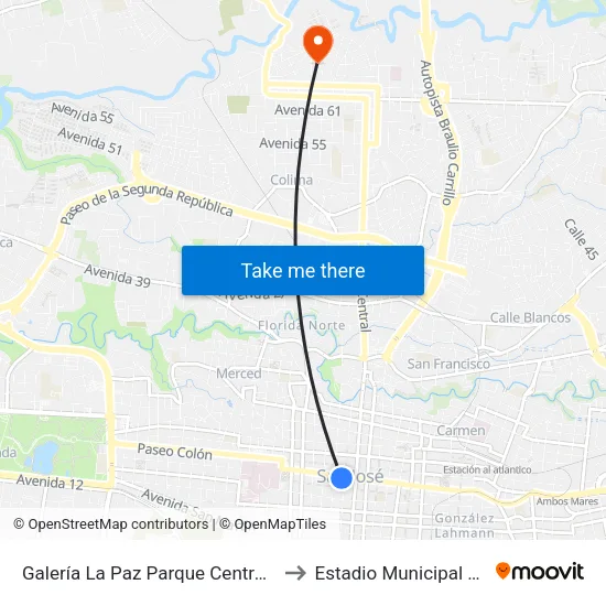 Galería La Paz Parque Central, San José to Estadio Municipal De Tibás map