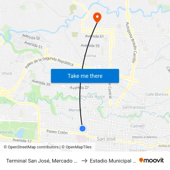 Terminal San José, Mercado La Coca Cola to Estadio Municipal De Tibás map