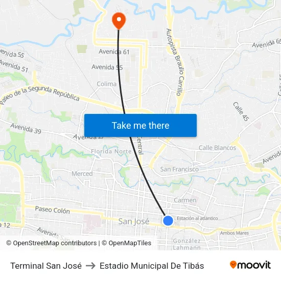 Terminal San José to Estadio Municipal De Tibás map