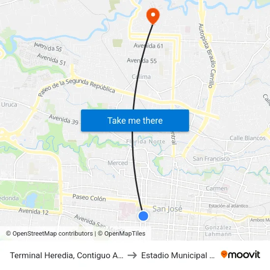 Terminal Heredia, Contiguo A Súper Fácil to Estadio Municipal De Tibás map