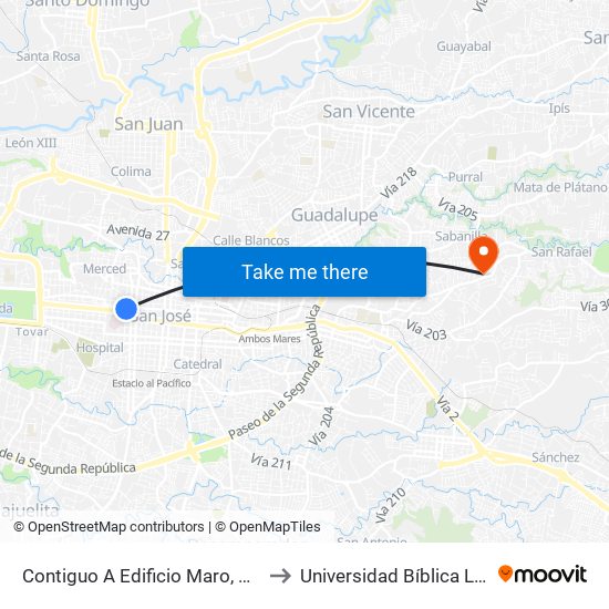 Contiguo A Edificio Maro, Coca Cola San José to Universidad Bíblica Latinoamericana map