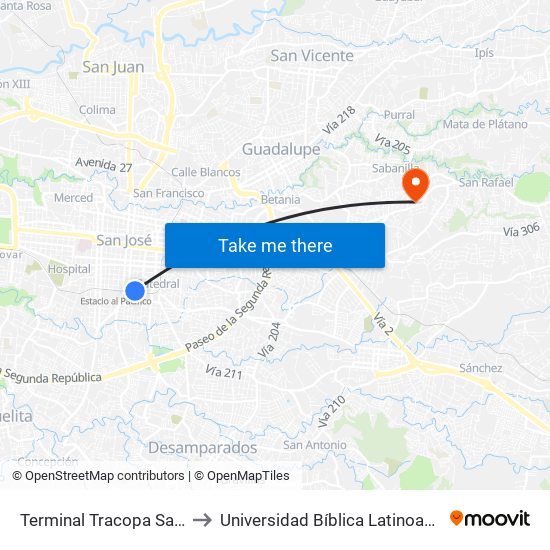 Terminal Tracopa San José to Universidad Bíblica Latinoamericana map