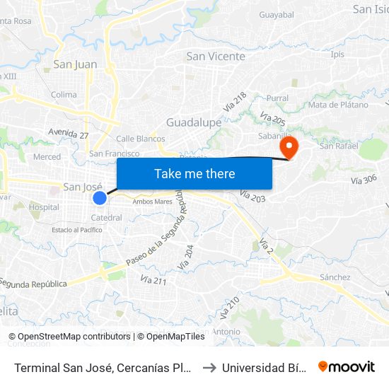 Terminal San José, Cercanías Plaza De Las Garantías Sociales La Soledad to Universidad Bíblica Latinoamericana map
