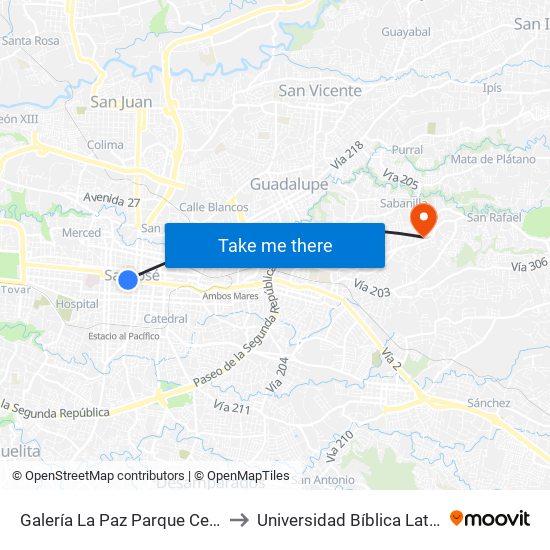 Galería La Paz Parque Central, San José to Universidad Bíblica Latinoamericana map