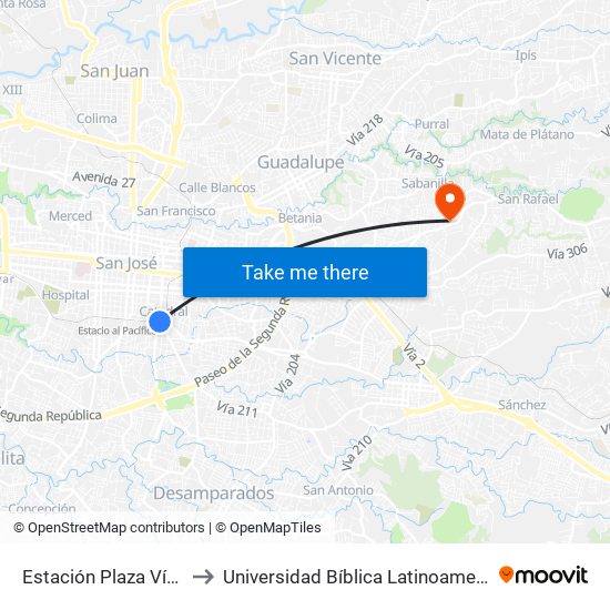 Estación Plaza Víquez to Universidad Bíblica Latinoamericana map