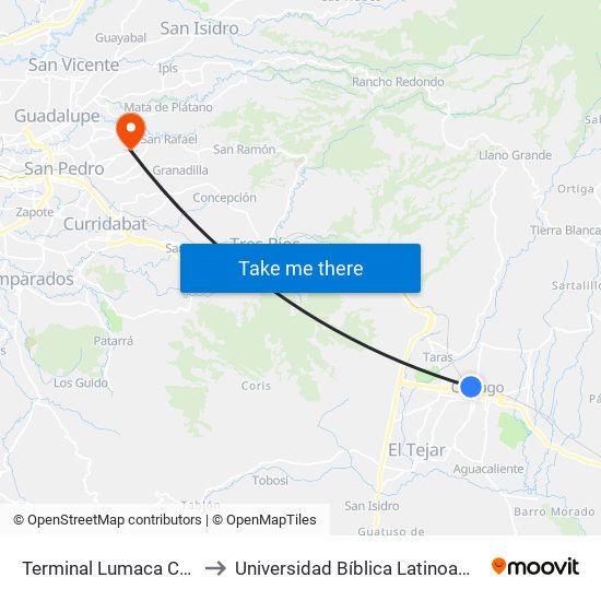 Terminal Lumaca Cartago to Universidad Bíblica Latinoamericana map