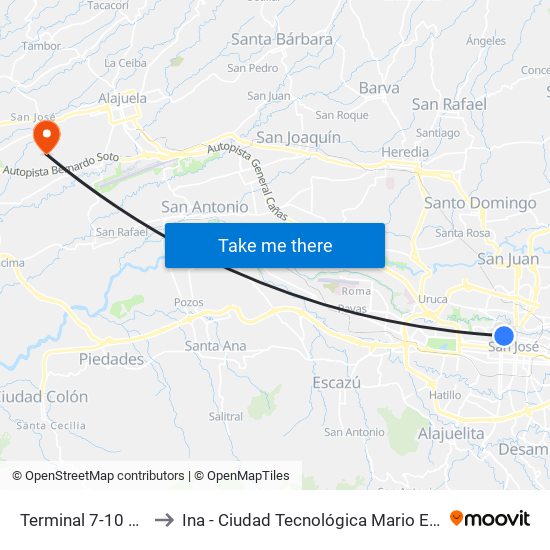 Terminal 7-10 San José to Ina - Ciudad Tecnológica Mario Echandi Jiménez map