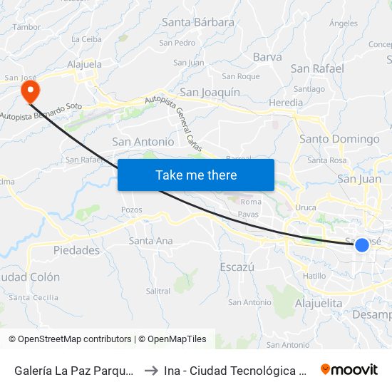 Galería La Paz Parque Central, San José to Ina - Ciudad Tecnológica Mario Echandi Jiménez map