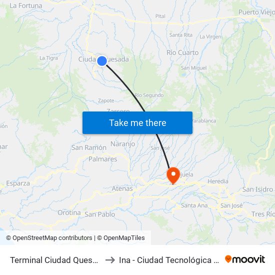 Terminal Ciudad Quesada, Plaza San Carlos to Ina - Ciudad Tecnológica Mario Echandi Jiménez map