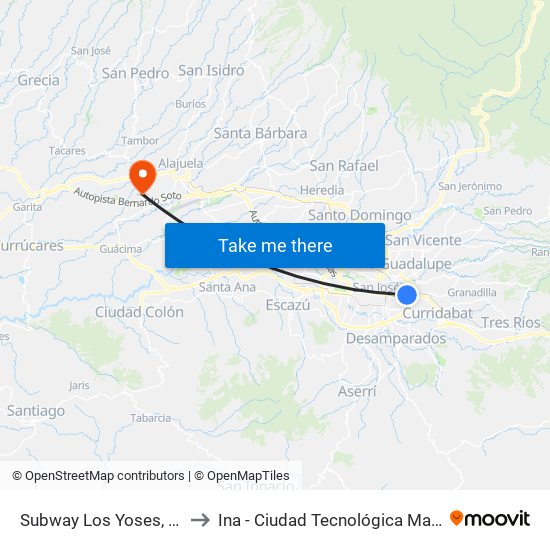 Subway Los Yoses, Montes De Oca to Ina - Ciudad Tecnológica Mario Echandi Jiménez map