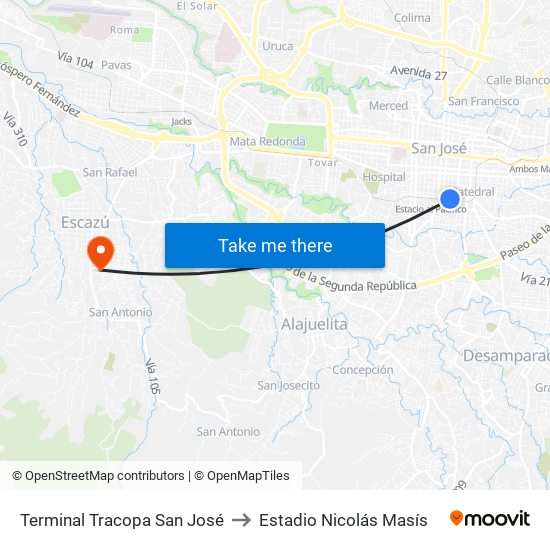 Terminal Tracopa San José to Estadio Nicolás Masís map