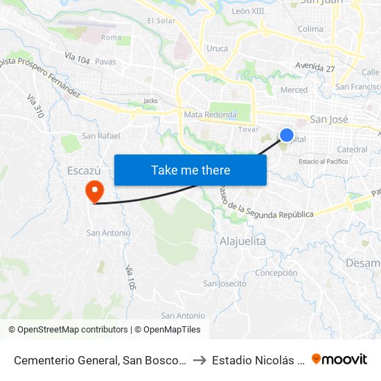 Cementerio General, San Bosco San José to Estadio Nicolás Masís map
