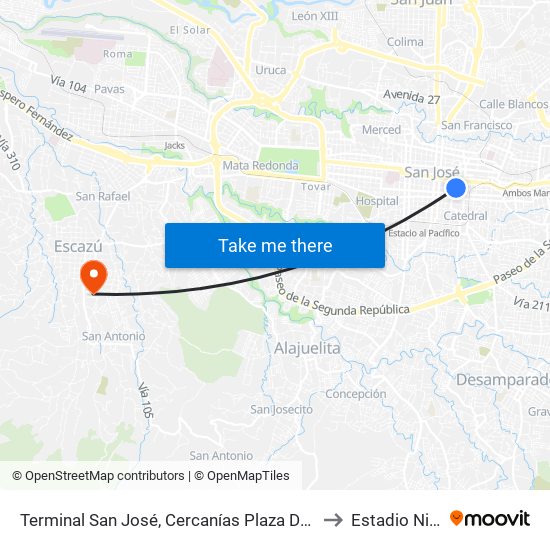 Terminal San José, Cercanías Plaza De Las Garantías Sociales La Soledad to Estadio Nicolás Masís map