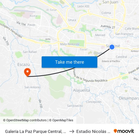 Galería La Paz Parque Central, San José to Estadio Nicolás Masís map