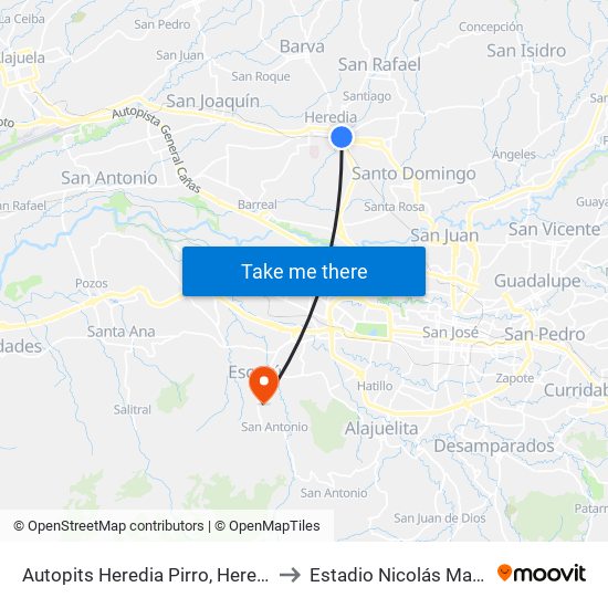 Autopits Heredia Pirro, Heredia to Estadio Nicolás Masís map