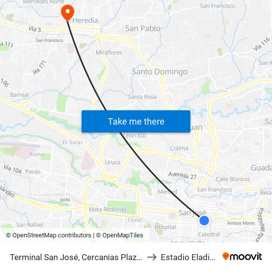 Terminal San José, Cercanías Plaza De Las Garantías Sociales La Soledad to Estadio Eladio Rosabal Cordero map