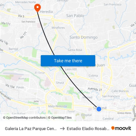 Galería La Paz Parque Central, San José to Estadio Eladio Rosabal Cordero map