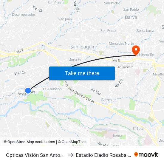 Ópticas Visión San Antonio, Belén to Estadio Eladio Rosabal Cordero map