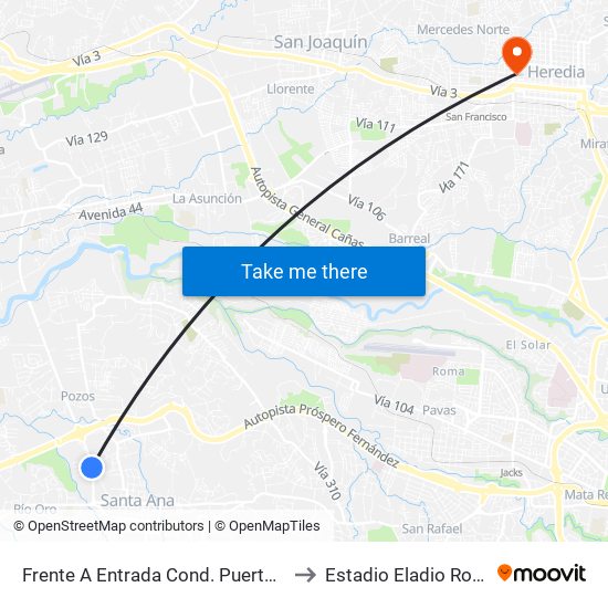 Frente A Entrada Cond. Puerta De Hierro, Santa Ana to Estadio Eladio Rosabal Cordero map