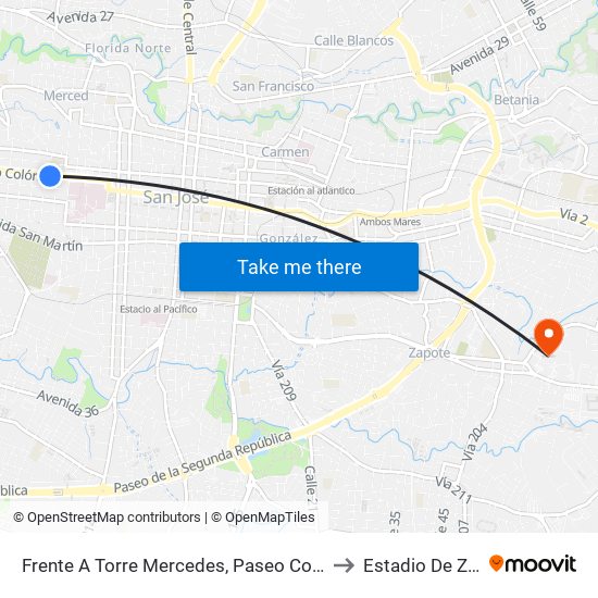 Frente A Torre Mercedes, Paseo Colón San José to Estadio De Zapote map