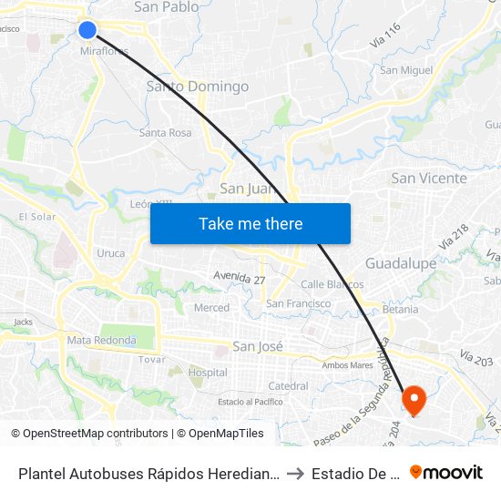 Plantel Autobuses Rápidos Heredianos, Pirro Heredia to Estadio De Zapote map
