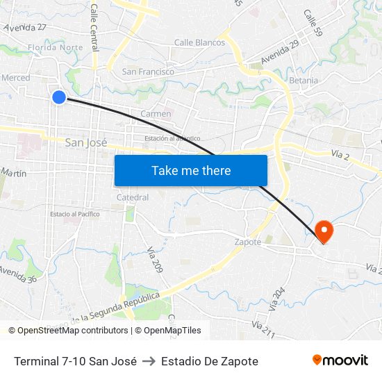 Terminal 7-10 San José to Estadio De Zapote map