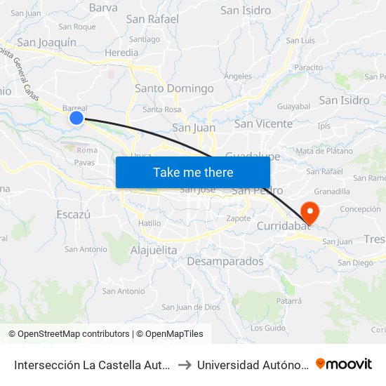Intersección La Castella Autopista General Cañas, Heredia to Universidad Autónoma De Centroamérica map