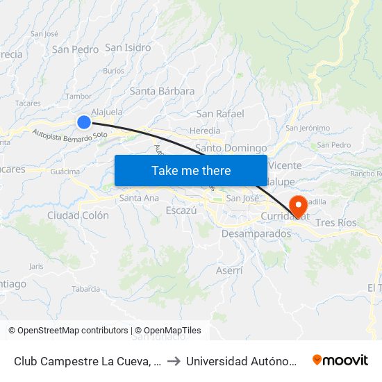 Club Campestre La Cueva, Barrio San José Alajuela to Universidad Autónoma De Centroamérica map