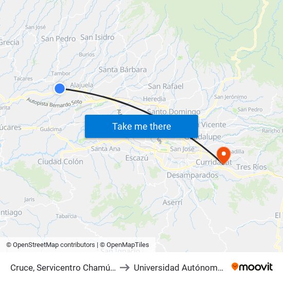 Cruce, Servicentro Chamú, B. San José Alajuela to Universidad Autónoma De Centroamérica map