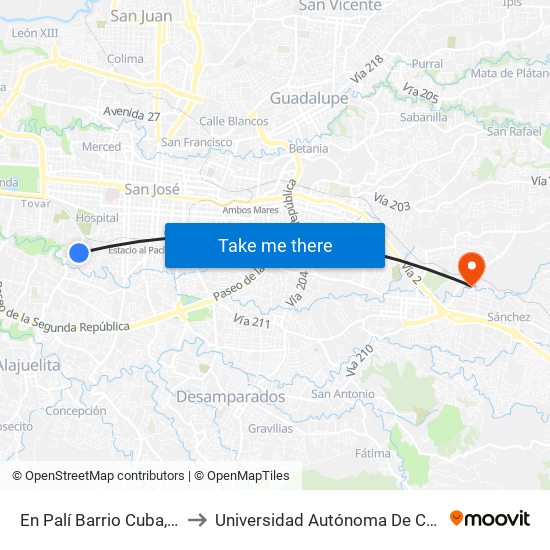 En Palí Barrio Cuba, San José to Universidad Autónoma De Centroamérica map