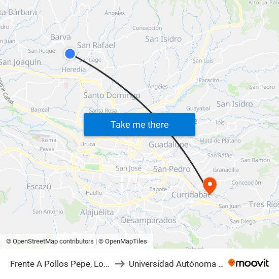 Frente A Pollos Pepe, Lotes Peralta Heredia to Universidad Autónoma De Centroamérica map