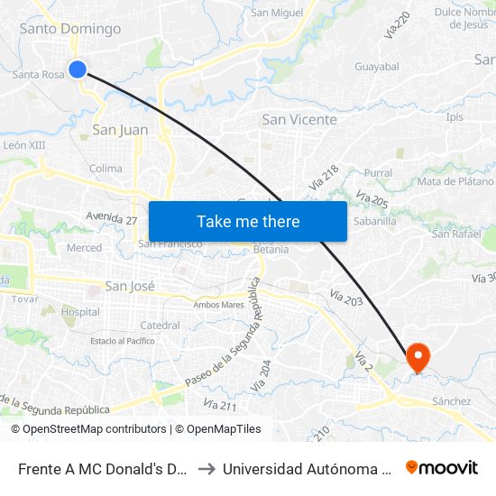 Frente A MC Donald's De Santo Domingo to Universidad Autónoma De Centroamérica map
