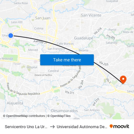 Servicentro Uno La Uruca, San José to Universidad Autónoma De Centroamérica map