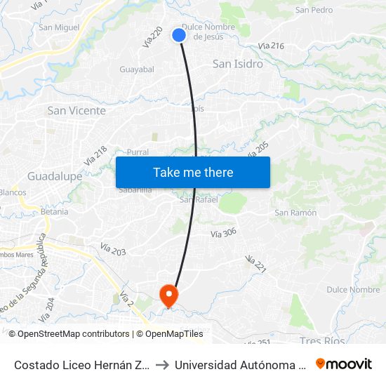 Costado Liceo Hernán Zamora, Coronado to Universidad Autónoma De Centroamérica map