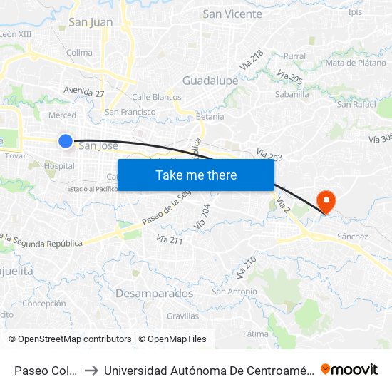 Paseo Colón to Universidad Autónoma De Centroamérica map