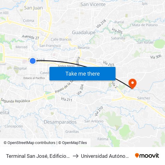 Terminal San José, Edificio Caribe Avenida Segunda to Universidad Autónoma De Centroamérica map