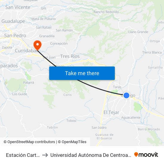 Estación Cartago to Universidad Autónoma De Centroamérica map