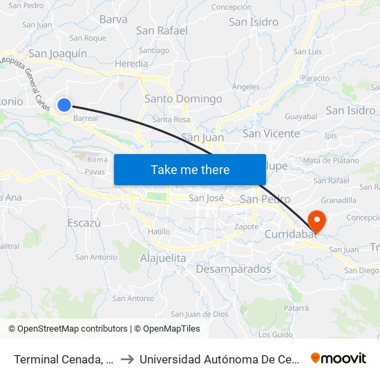 Terminal Cenada, Heredia to Universidad Autónoma De Centroamérica map