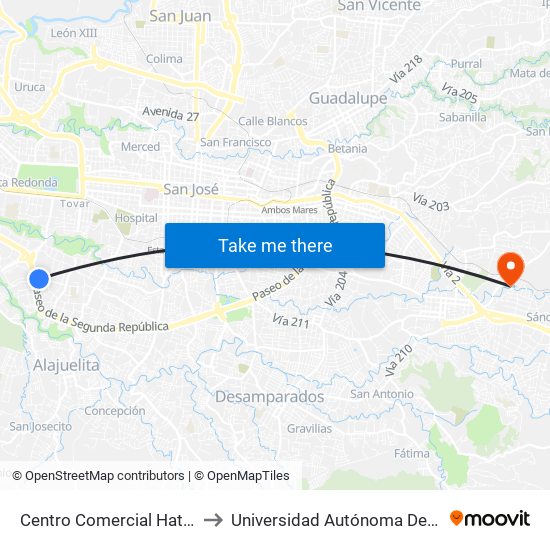 Centro Comercial Hatillo, San José to Universidad Autónoma De Centroamérica map