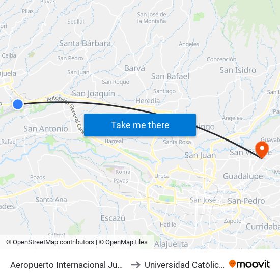 Aeropuerto Internacional Juan Santamaría, Alajuela to Universidad Católica De Costa Rica map