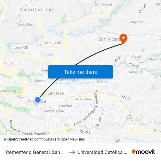 Cementerio General, San Bosco San José to Universidad Católica De Costa Rica map