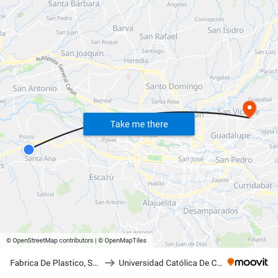 Fabrica De Plastico, Santa Ana to Universidad Católica De Costa Rica map