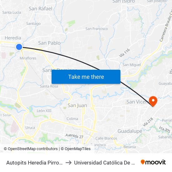 Autopits Heredia Pirro, Heredia to Universidad Católica De Costa Rica map